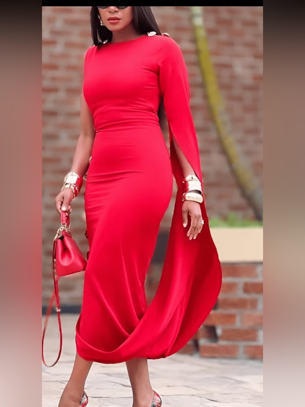 STYLEWE Red Side-Button Maxi Dress with Gold Buttons